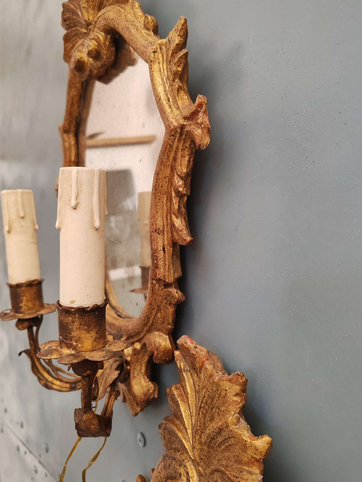 Coppia applique specchiere ventoline legno dorato ferro battuto primi 900