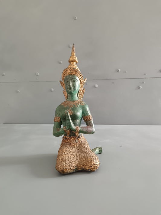 Antica Scultura Thailandese Teppanom in Bronzo Dorato – Angelo Guardiano del Tempio – Arte Orientale H 21 cm