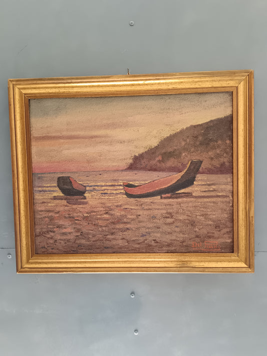 Alberto Del Piano – Spiaggia Brasiliana 1973 – Olio su Tela Firmato – Barca – Marina