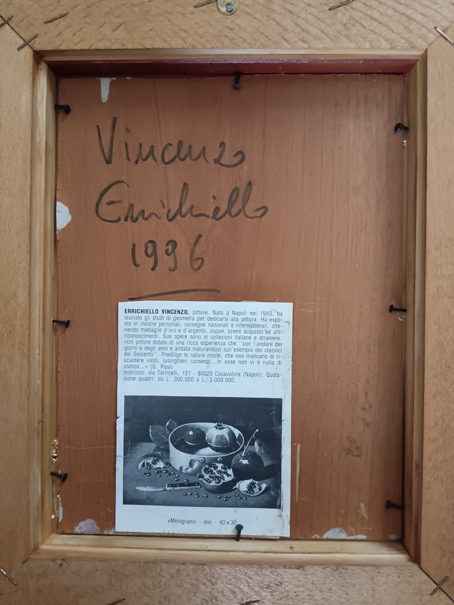 Vincenzo Errichiello (Napoli 1943)- Natura Morta dipinto olio su legno