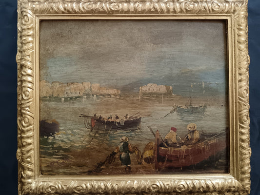 (Scuola Napoletana XX Secolo)- Marina , dipinto olio su masonite