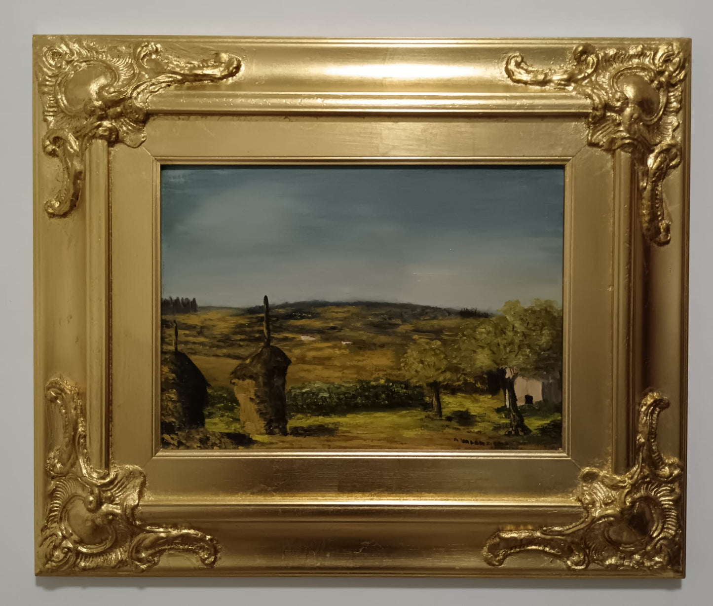 Paesaggio rurale (XX secolo)- dipinto olio su tela applicata su cartoncino