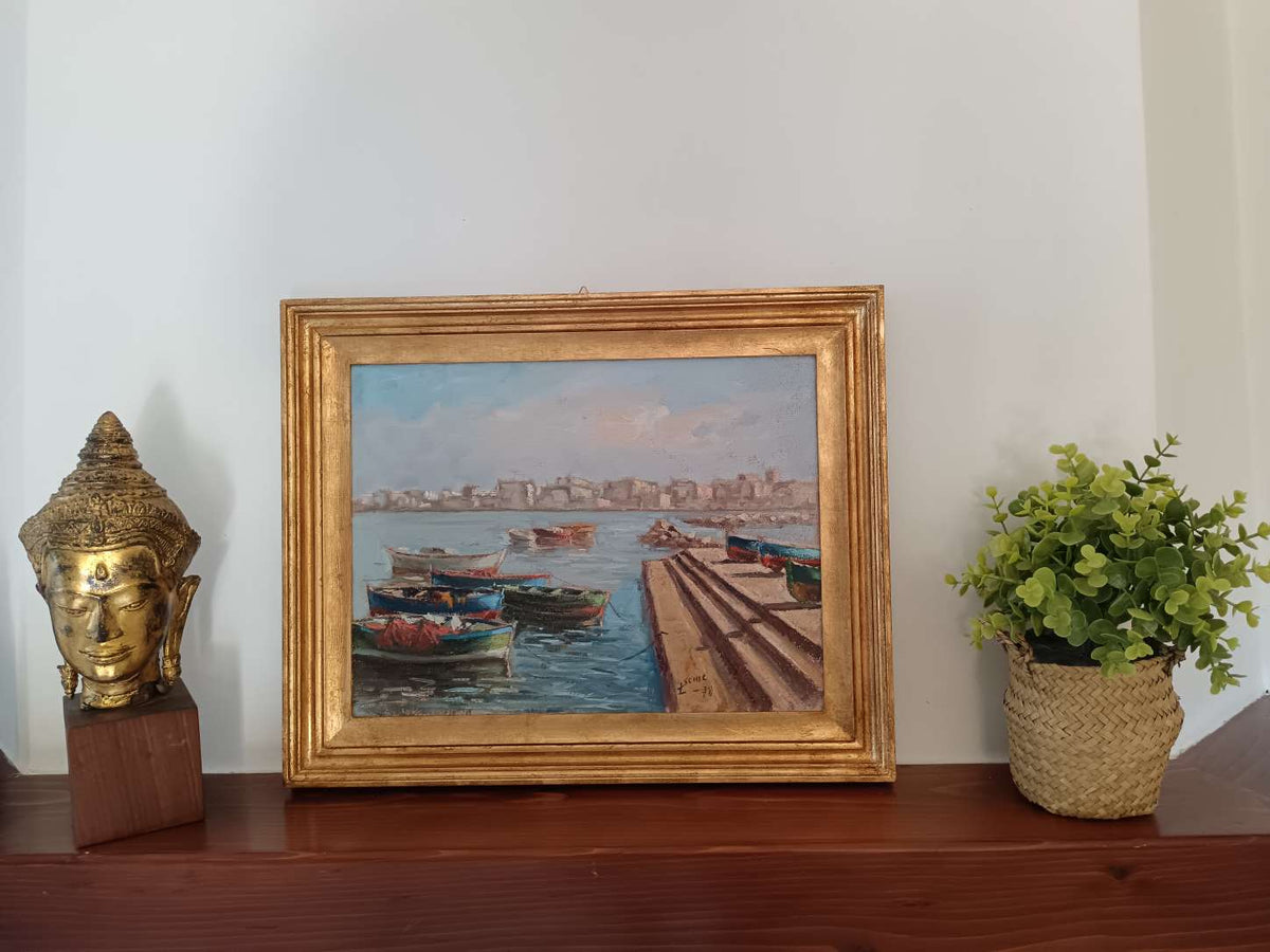 Quadro Luigi Seme Marina Con Barche Olio Su Tela Con Cornice Dorata