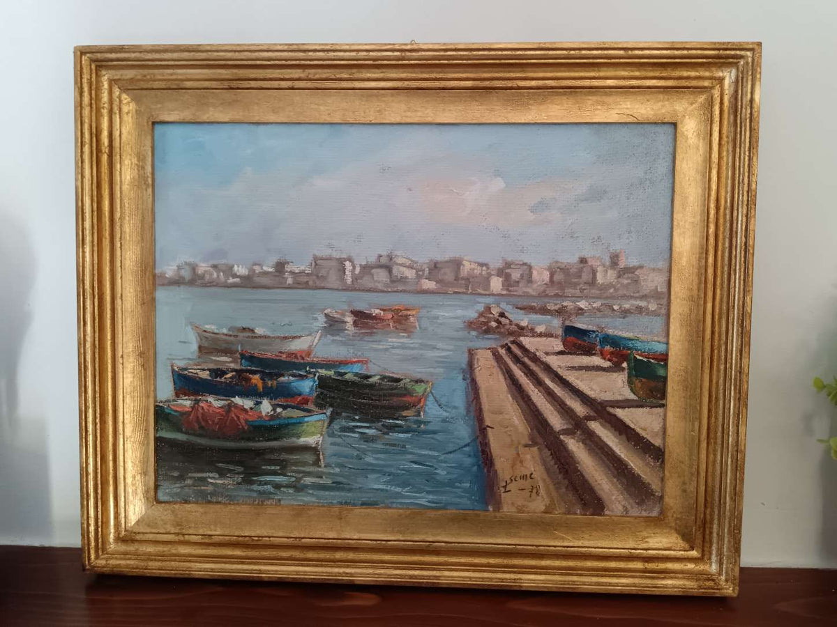 Quadro Luigi Seme Marina Con Barche Olio Su Tela Con Cornice Dorata