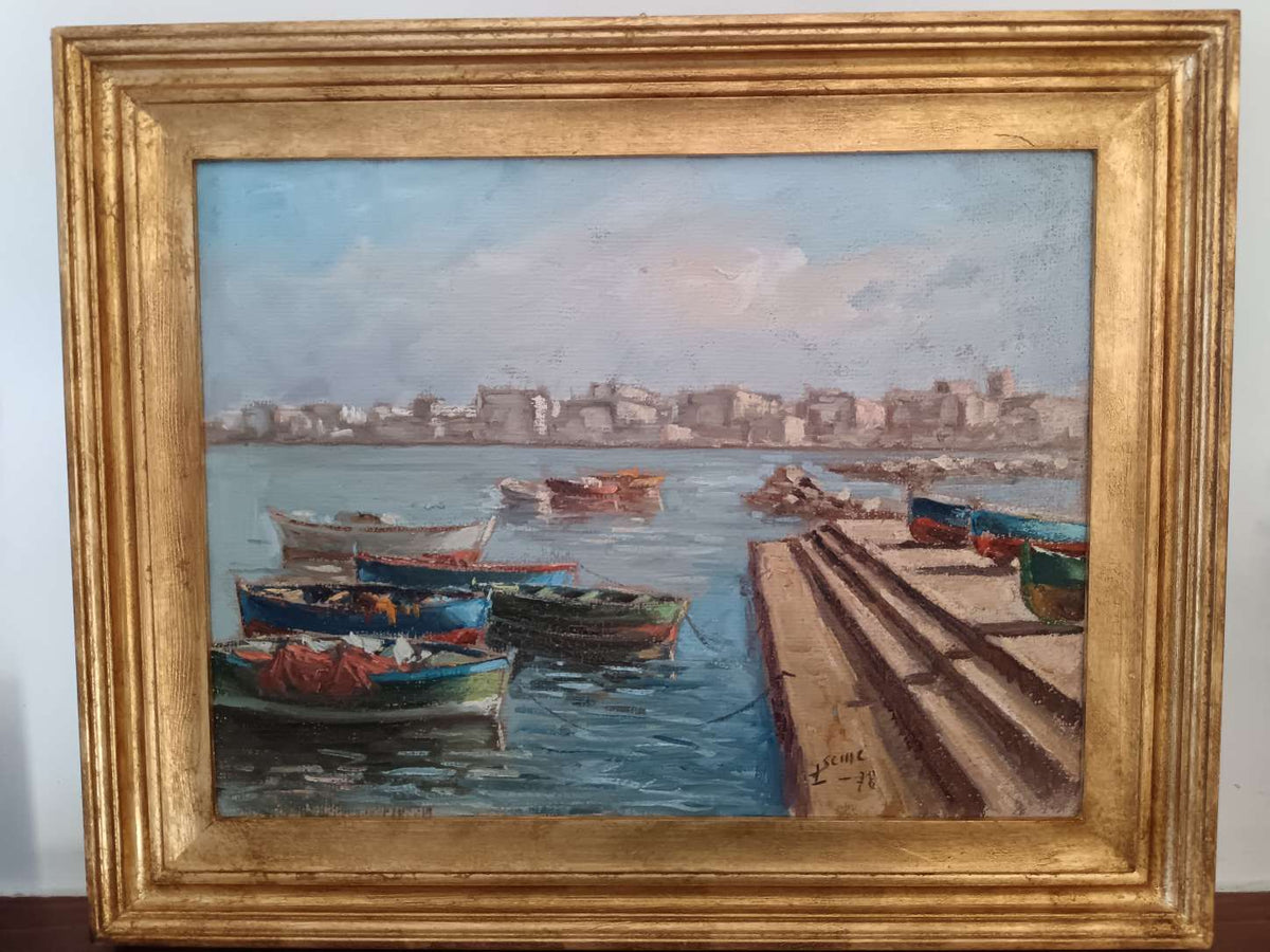 Quadro Luigi Seme Marina Con Barche Olio Su Tela Con Cornice Dorata