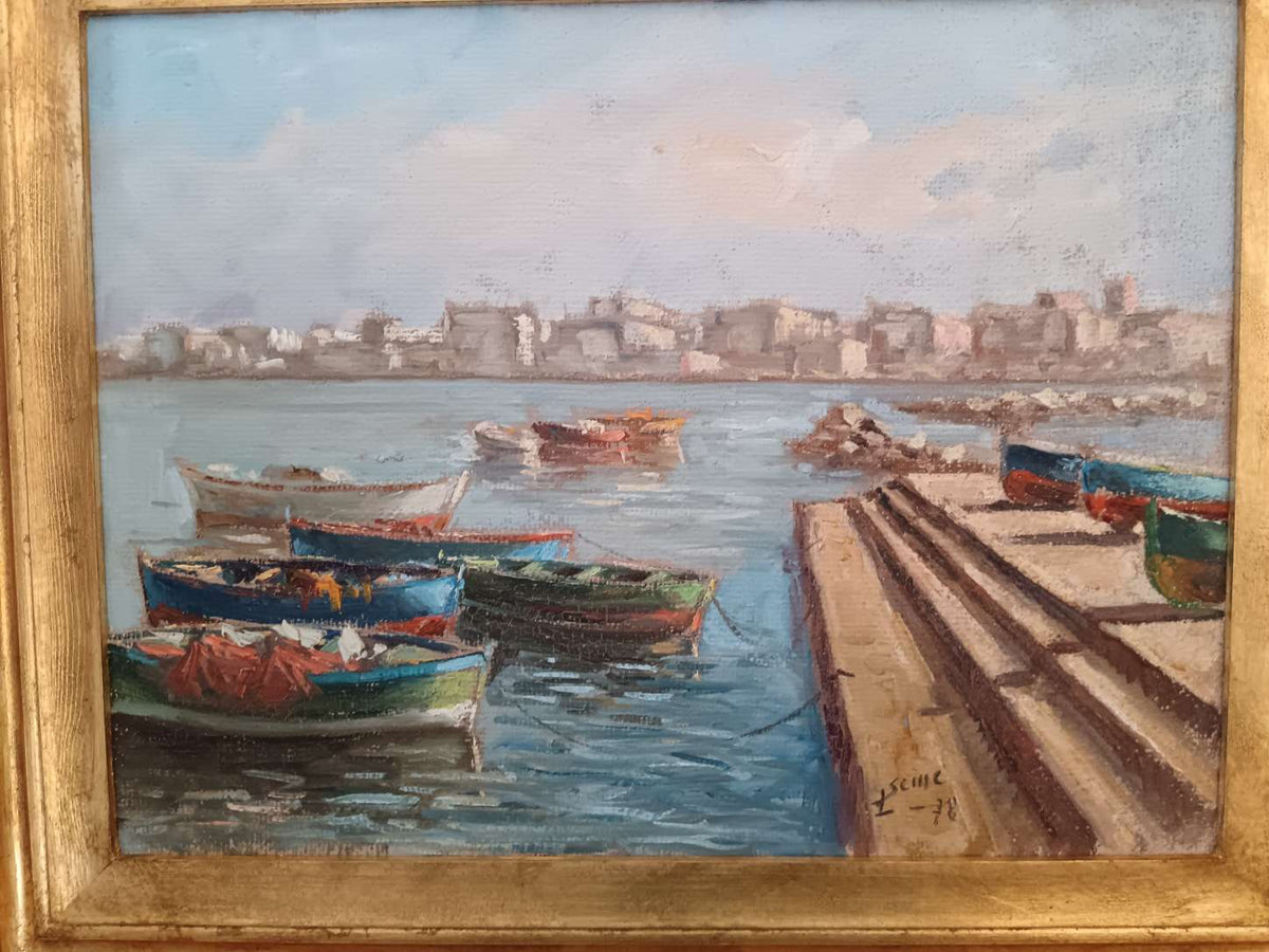 Quadro Luigi Seme Marina Con Barche Olio Su Tela Con Cornice Dorata
