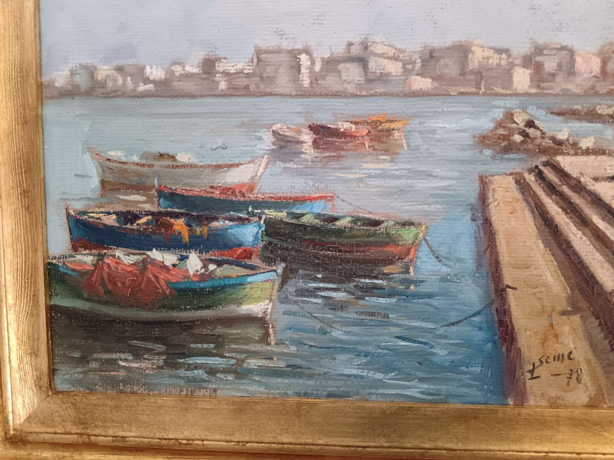 Quadro Luigi Seme Marina Con Barche Olio Su Tela Con Cornice Dorata
