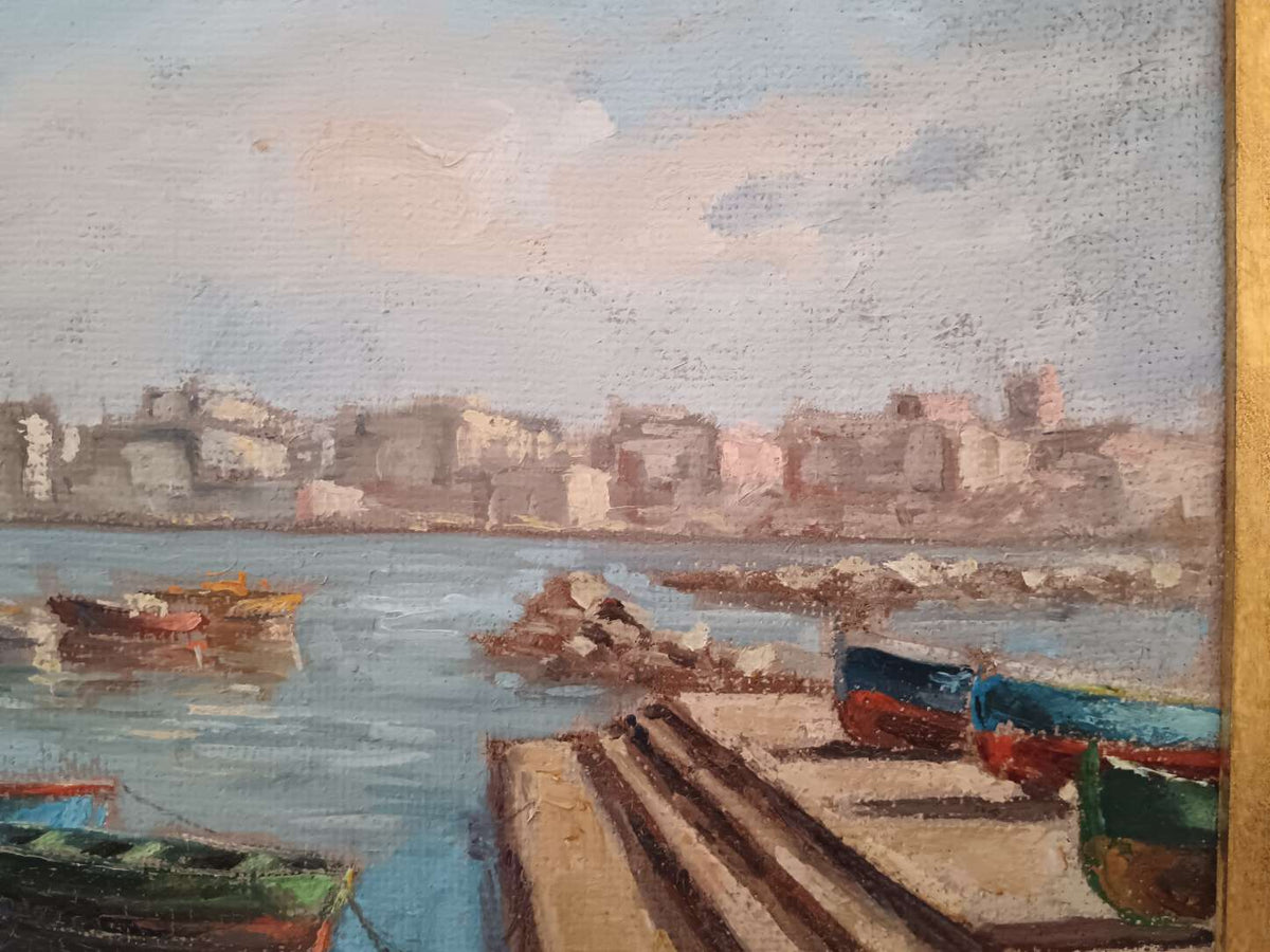 Quadro Luigi Seme Marina Con Barche Olio Su Tela Con Cornice Dorata