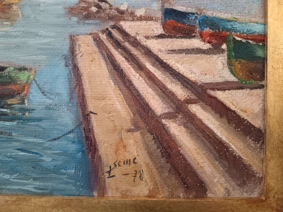 Quadro Luigi Seme Marina Con Barche Olio Su Tela Con Cornice Dorata