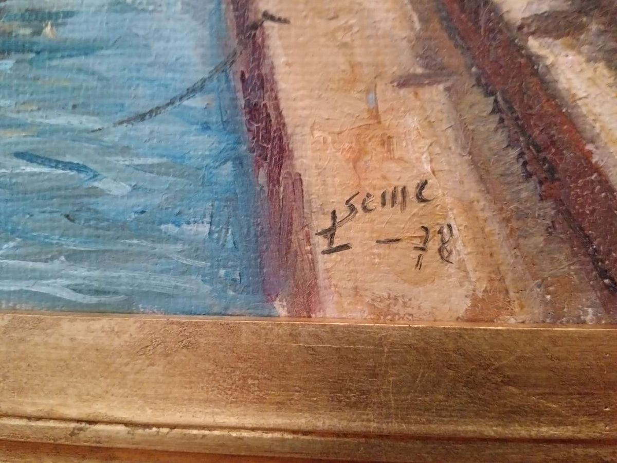 Quadro Luigi Seme Marina Con Barche Olio Su Tela Con Cornice Dorata