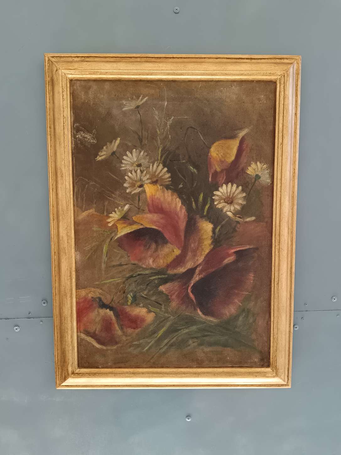 Dipinto Antico Olio su Tela Natura Morta Fiori Primo Novecento Cornice