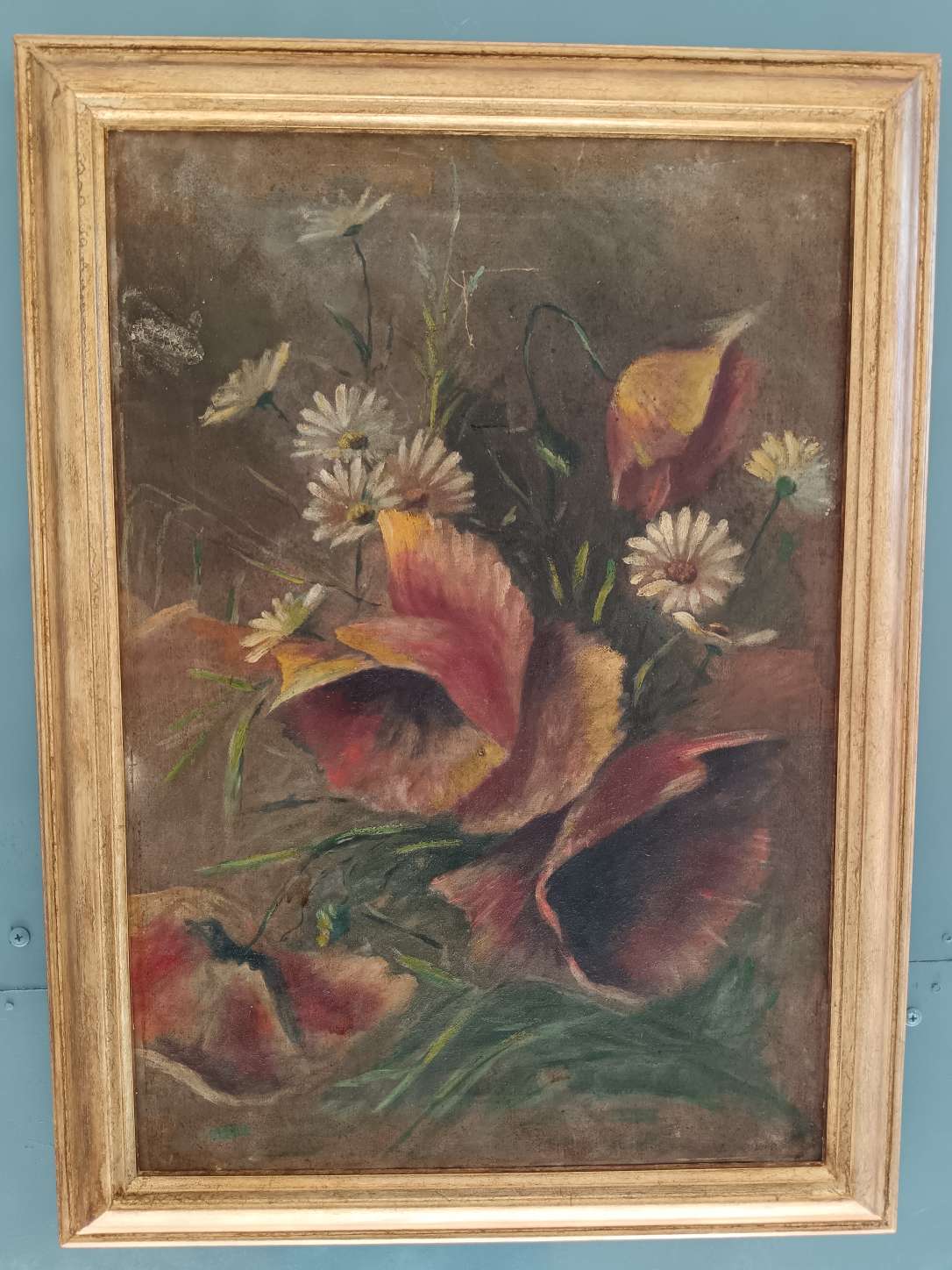 Dipinto Antico Olio su Tela Natura Morta Fiori Primo Novecento Cornice