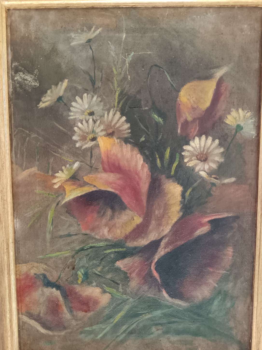 Dipinto Antico Olio su Tela Natura Morta Fiori Primo Novecento Cornice