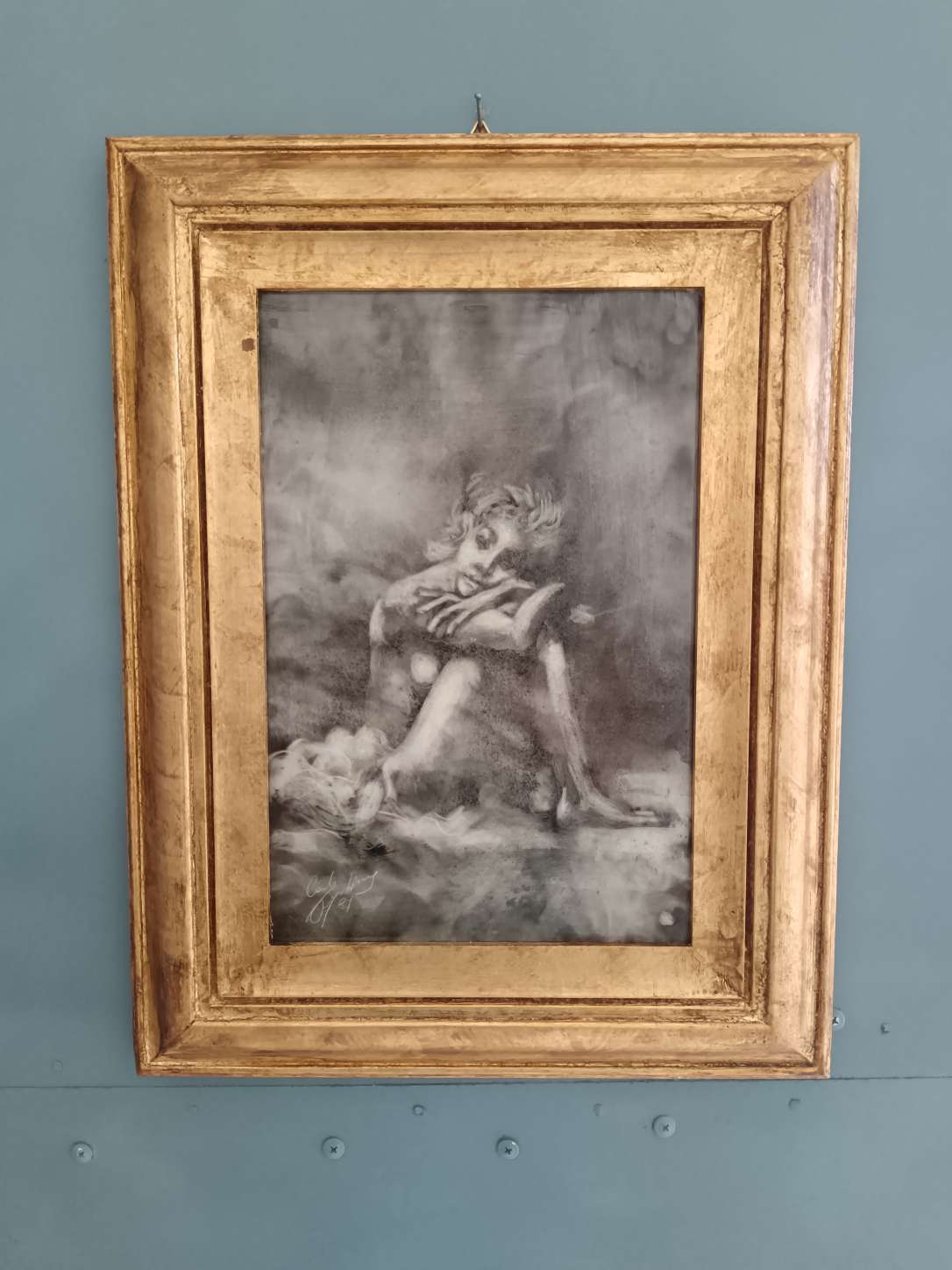 Quadro Carlo Postiglione Nostalgia 1987 Fumo di Candela Ceramica con Cornice