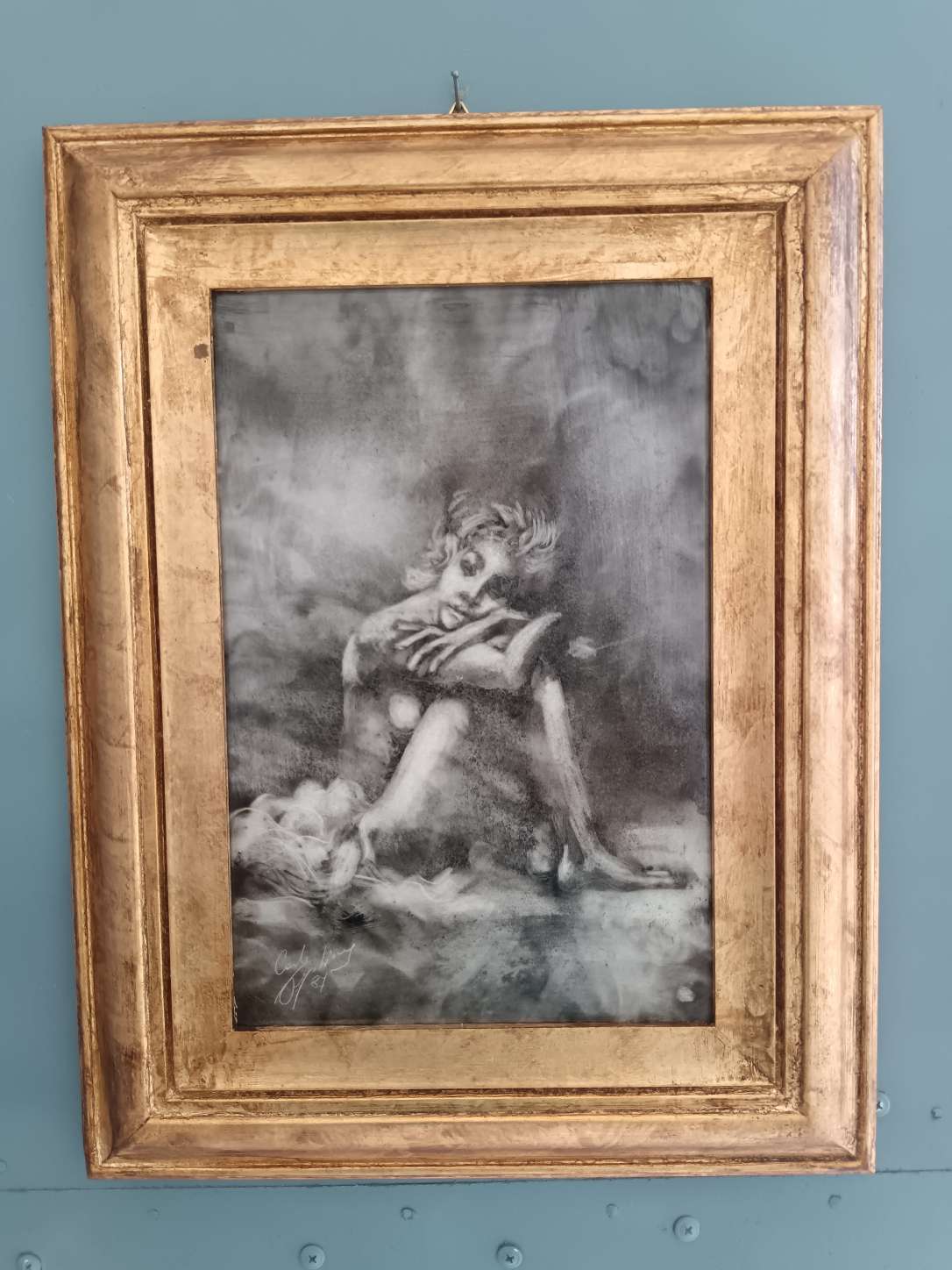 Quadro Carlo Postiglione Nostalgia 1987 Fumo di Candela Ceramica con Cornice
