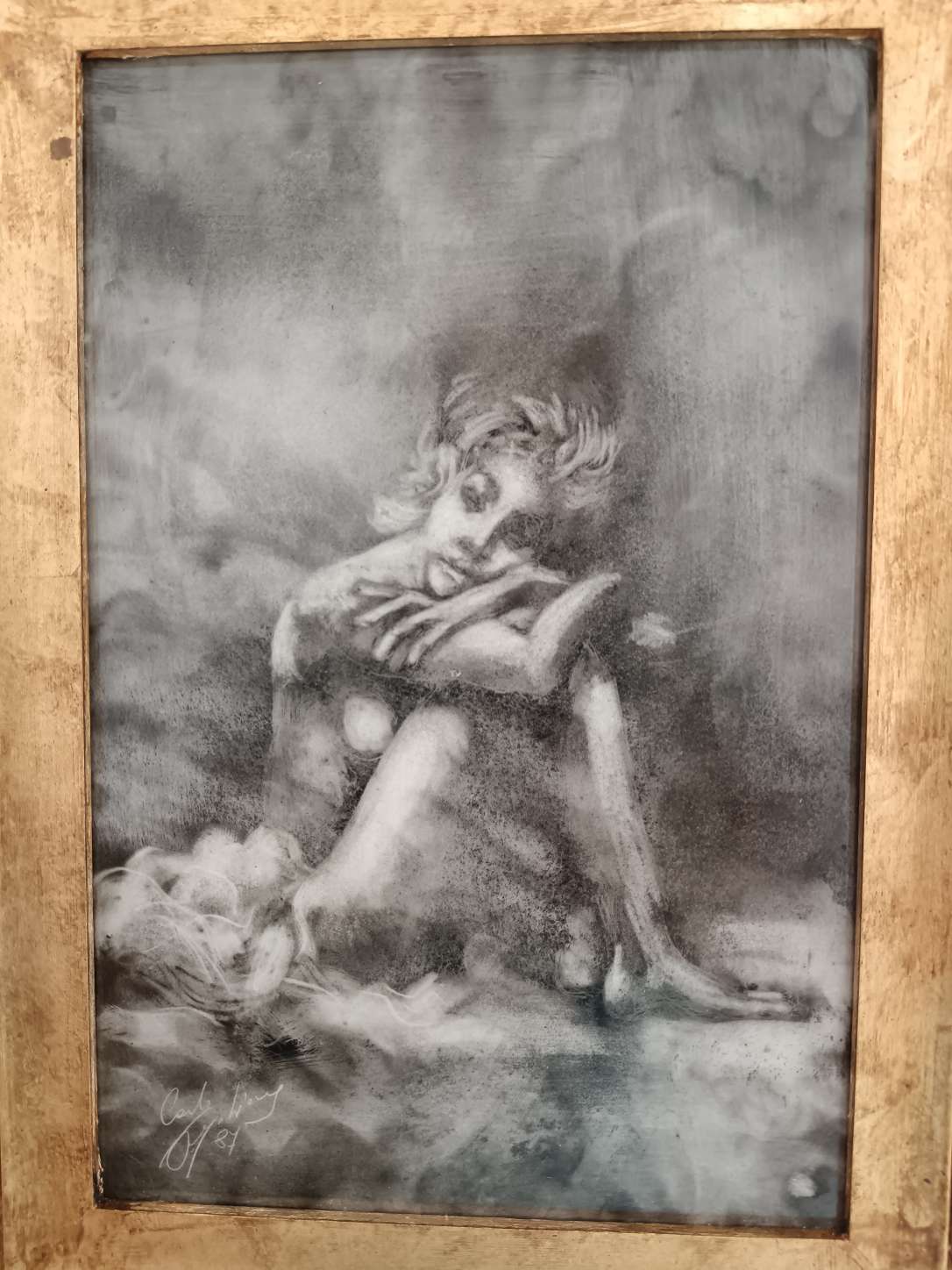 Quadro Carlo Postiglione Nostalgia 1987 Fumo di Candela Ceramica con Cornice
