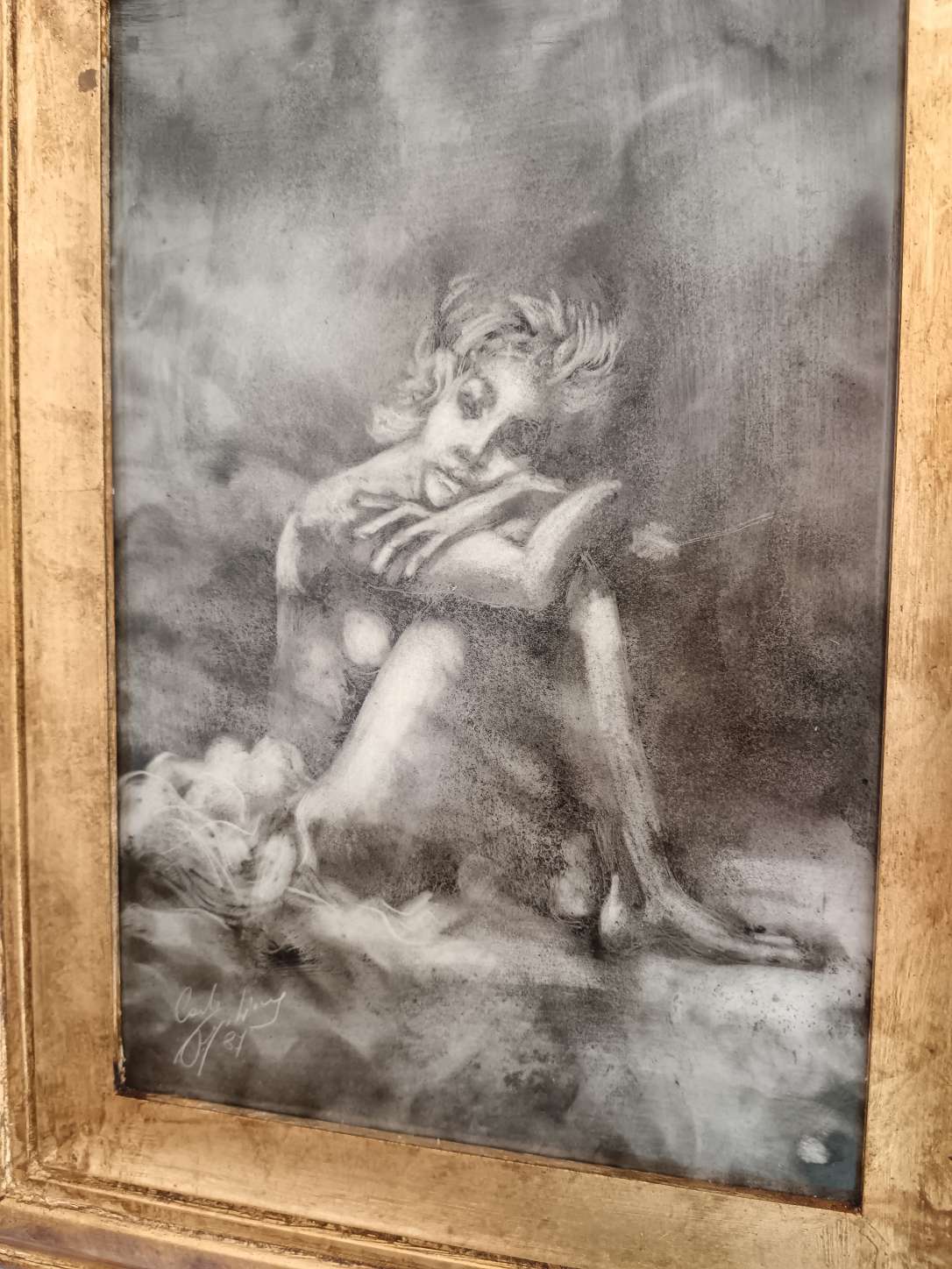 Quadro Carlo Postiglione Nostalgia 1987 Fumo di Candela Ceramica con Cornice