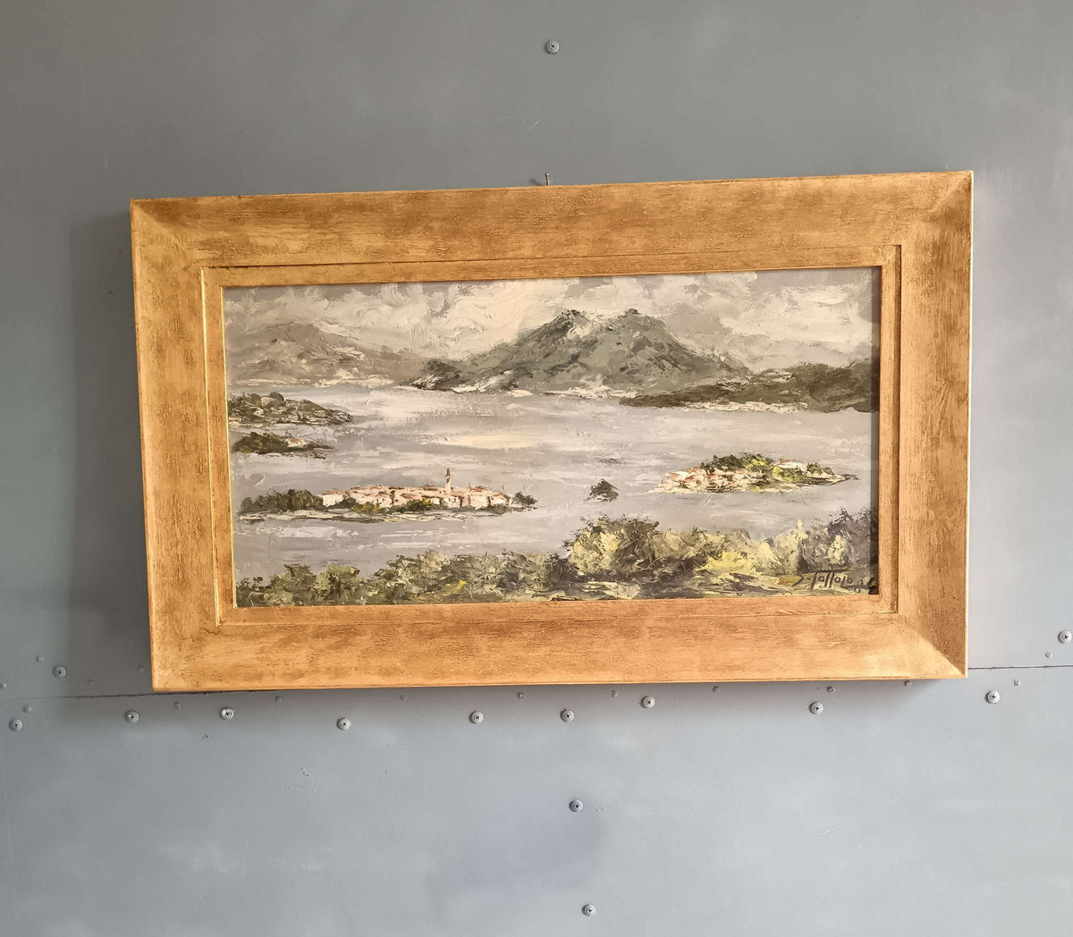 Quadro Sergio Tottolo 1984 Dipinto Olio su Faesite Paesaggio Lago Cornice Oro