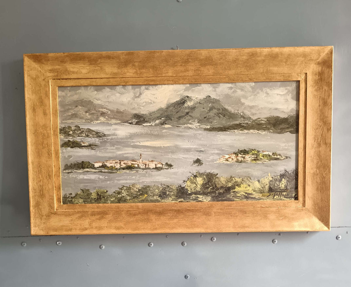 Quadro Sergio Tottolo 1984 Dipinto Olio su Faesite Paesaggio Lago Cornice Oro