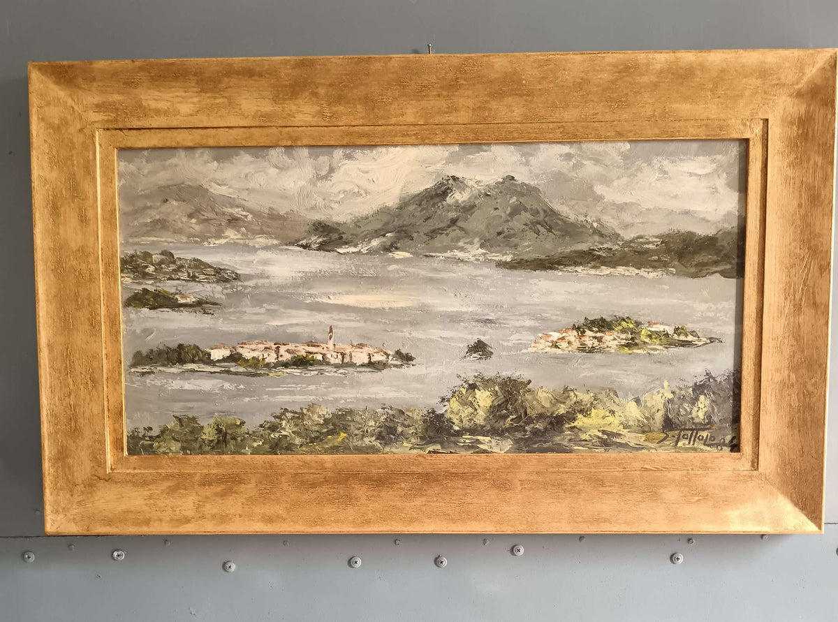 Quadro Sergio Tottolo 1984 Dipinto Olio su Faesite Paesaggio Lago Cornice Oro