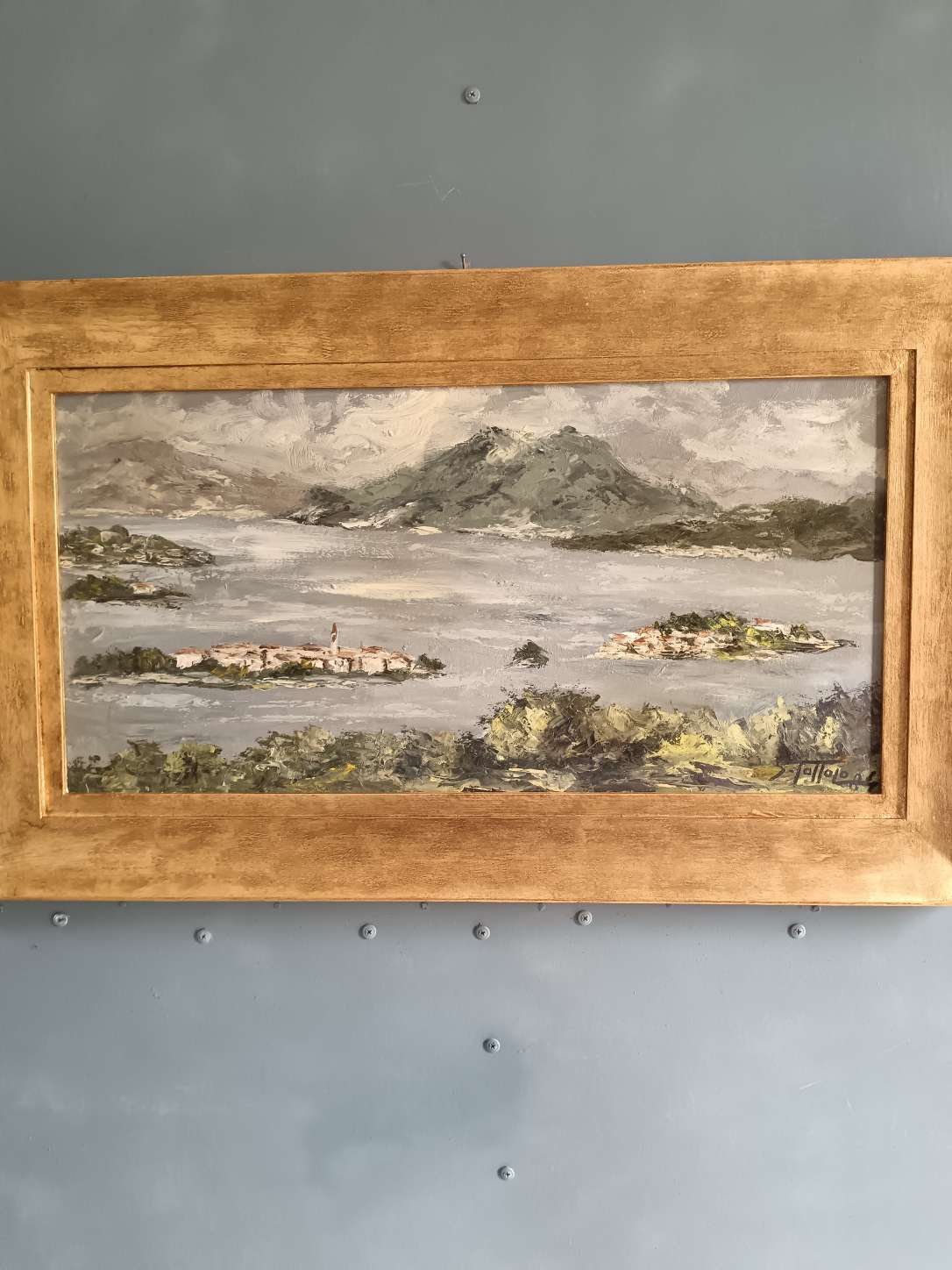 Quadro Sergio Tottolo 1984 Dipinto Olio su Faesite Paesaggio Lago Cornice Oro