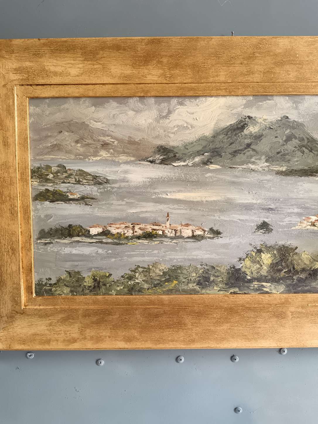 Quadro Sergio Tottolo 1984 Dipinto Olio su Faesite Paesaggio Lago Cornice Oro