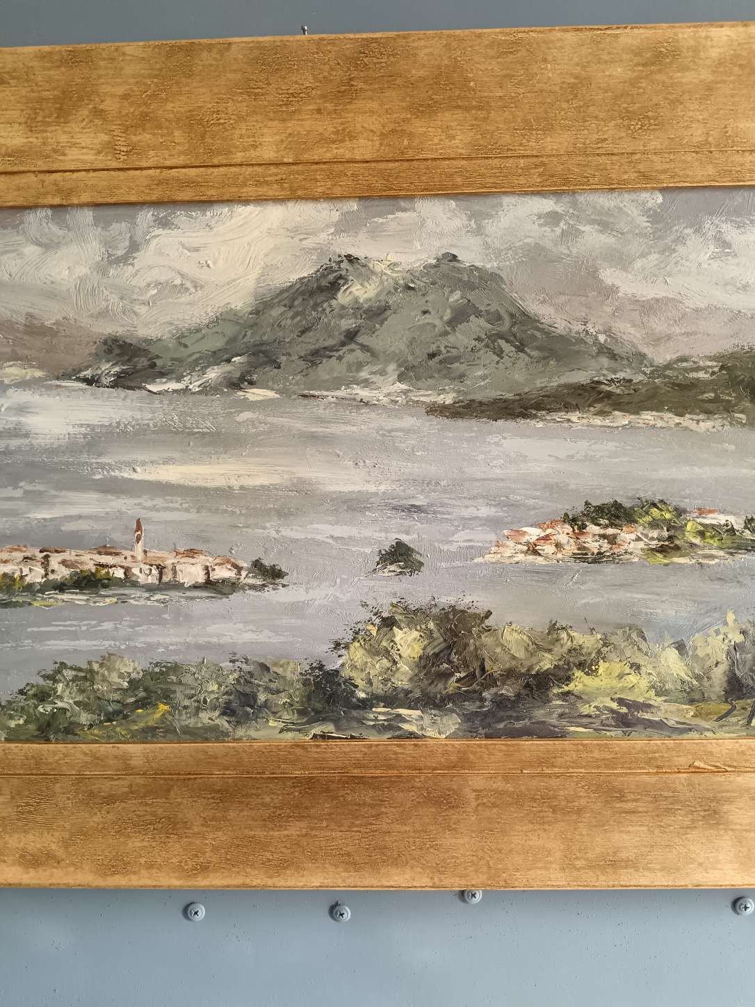 Quadro Sergio Tottolo 1984 Dipinto Olio su Faesite Paesaggio Lago Cornice Oro