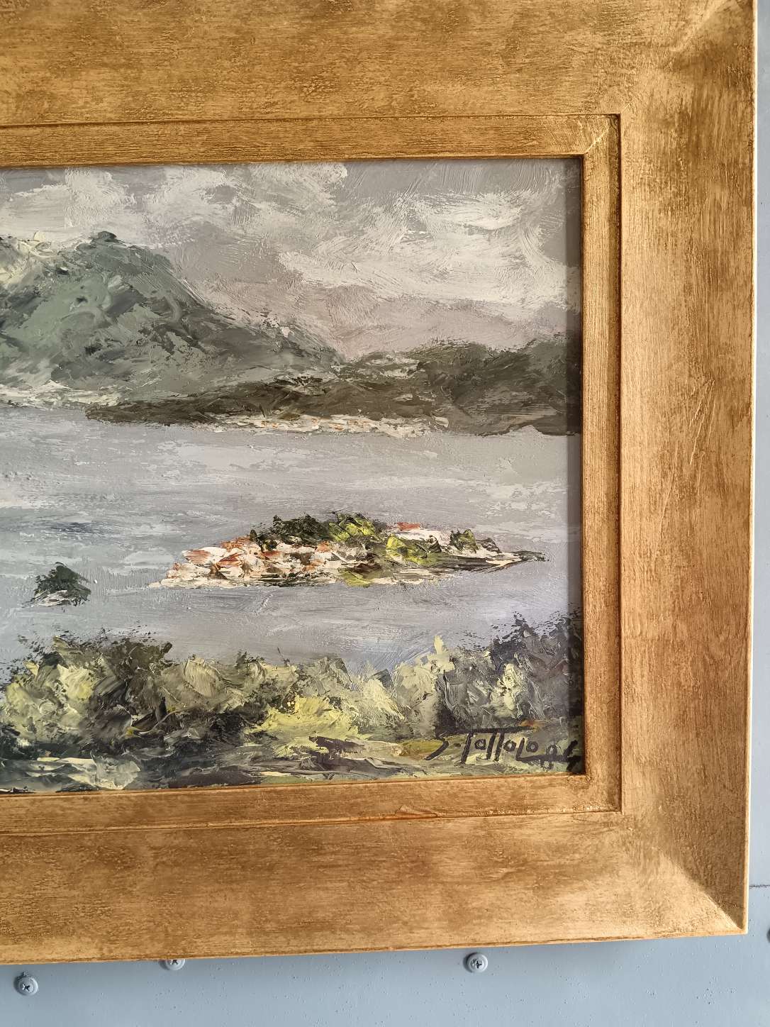 Quadro Sergio Tottolo 1984 Dipinto Olio su Faesite Paesaggio Lago Cornice Oro