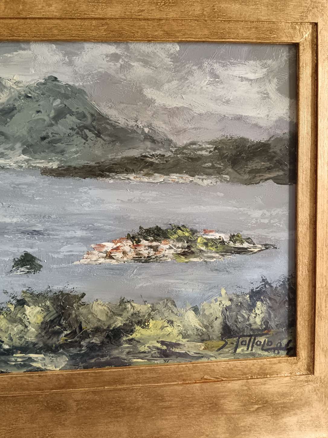 Quadro Sergio Tottolo 1984 Dipinto Olio su Faesite Paesaggio Lago Cornice Oro