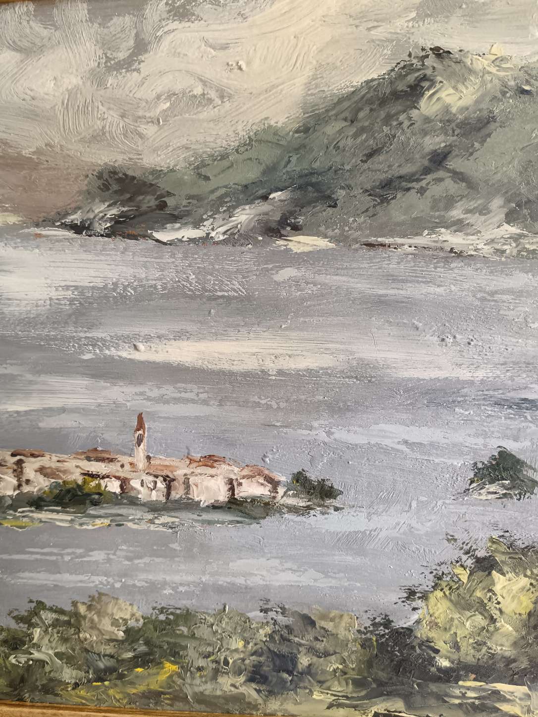 Quadro Sergio Tottolo 1984 Dipinto Olio su Faesite Paesaggio Lago Cornice Oro