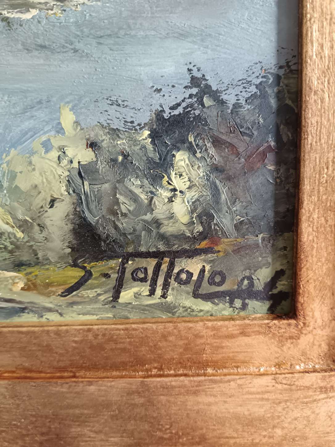 Quadro Sergio Tottolo 1984 Dipinto Olio su Faesite Paesaggio Lago Cornice Oro