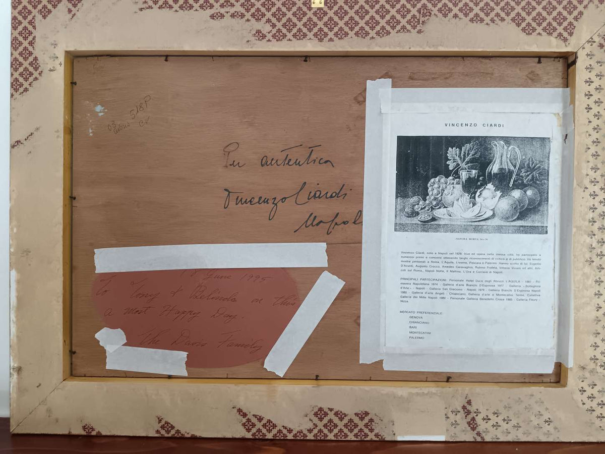 Vincenzo Ciardi Dipinto Olio su Tavola Natura Morta con Autentica e Cornice.