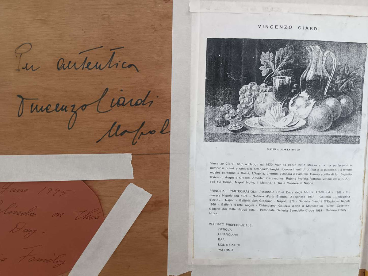 Vincenzo Ciardi Dipinto Olio su Tavola Natura Morta con Autentica e Cornice.