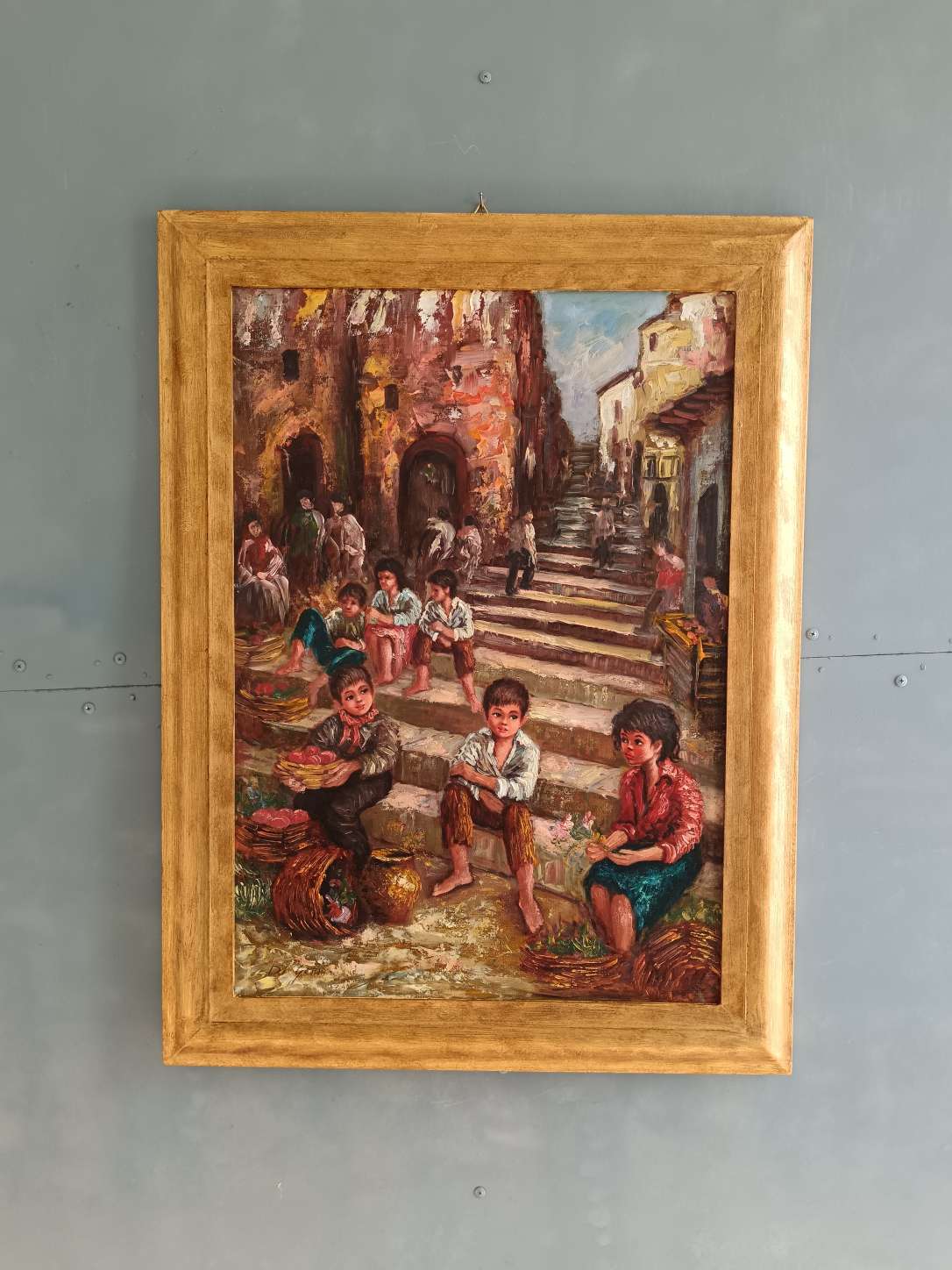 Dipinto Olio su Tela Di Gennaro Scena Popolare Napoletana Bambini e Scugnizzi