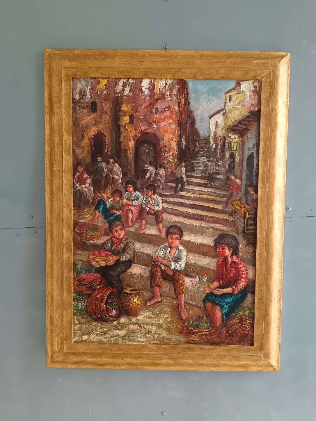 Dipinto Olio su Tela Di Gennaro Scena Popolare Napoletana Bambini e Scugnizzi