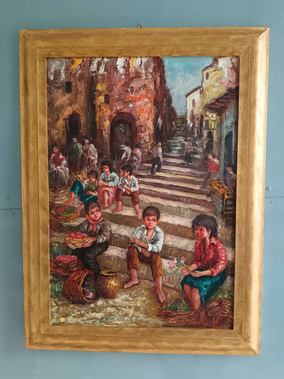 Dipinto Olio su Tela Di Gennaro Scena Popolare Napoletana Bambini e Scugnizzi