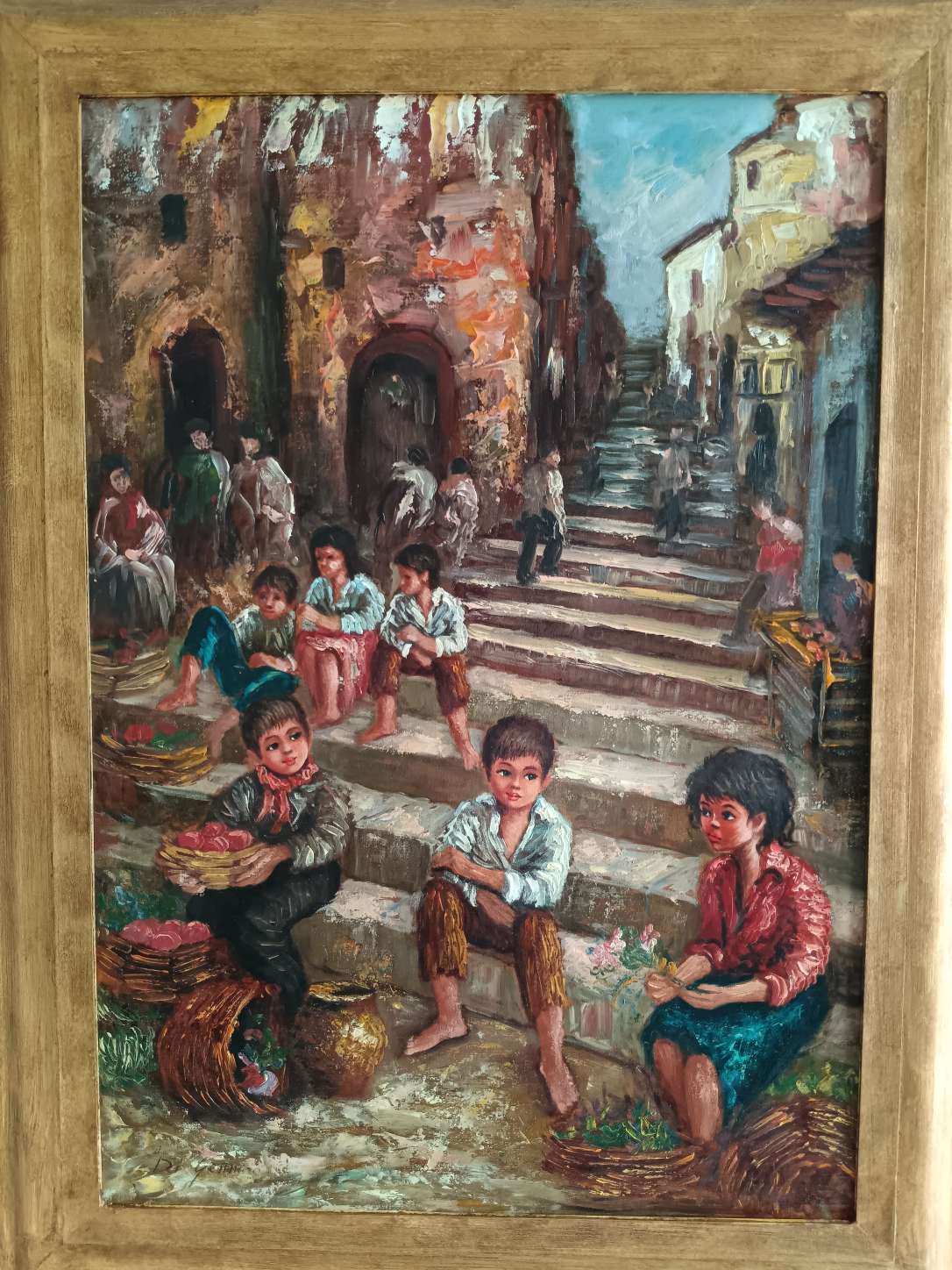 Dipinto Olio su Tela Di Gennaro Scena Popolare Napoletana Bambini e Scugnizzi