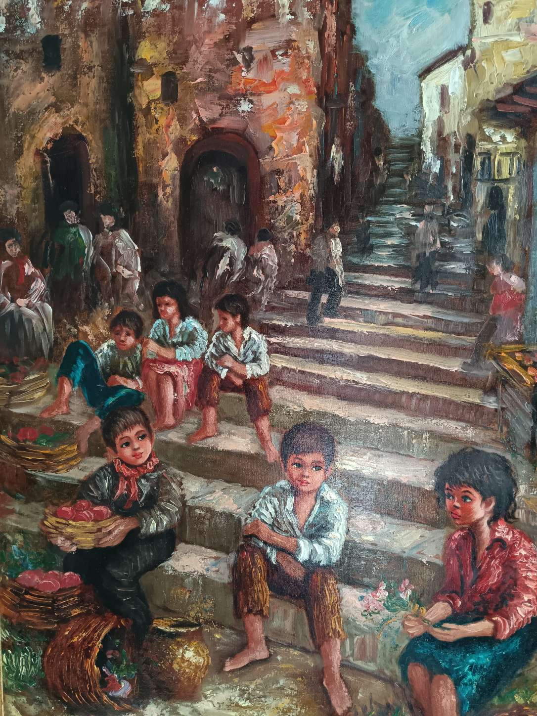 Dipinto Olio su Tela Di Gennaro Scena Popolare Napoletana Bambini e Scugnizzi