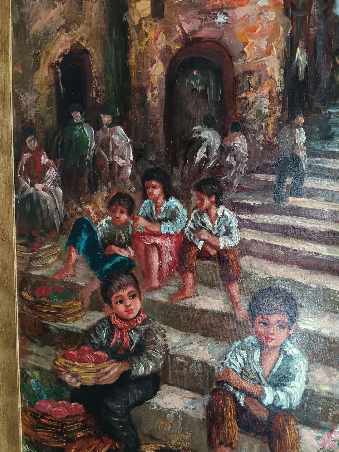 Dipinto Olio su Tela Di Gennaro Scena Popolare Napoletana Bambini e Scugnizzi