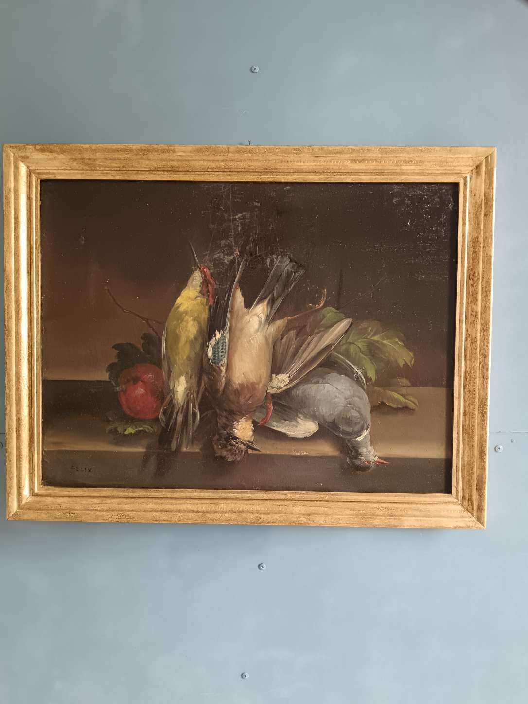 Juliette Felix XIXsec.Dipinto antico  cacciagione natura morta olio su tela '800