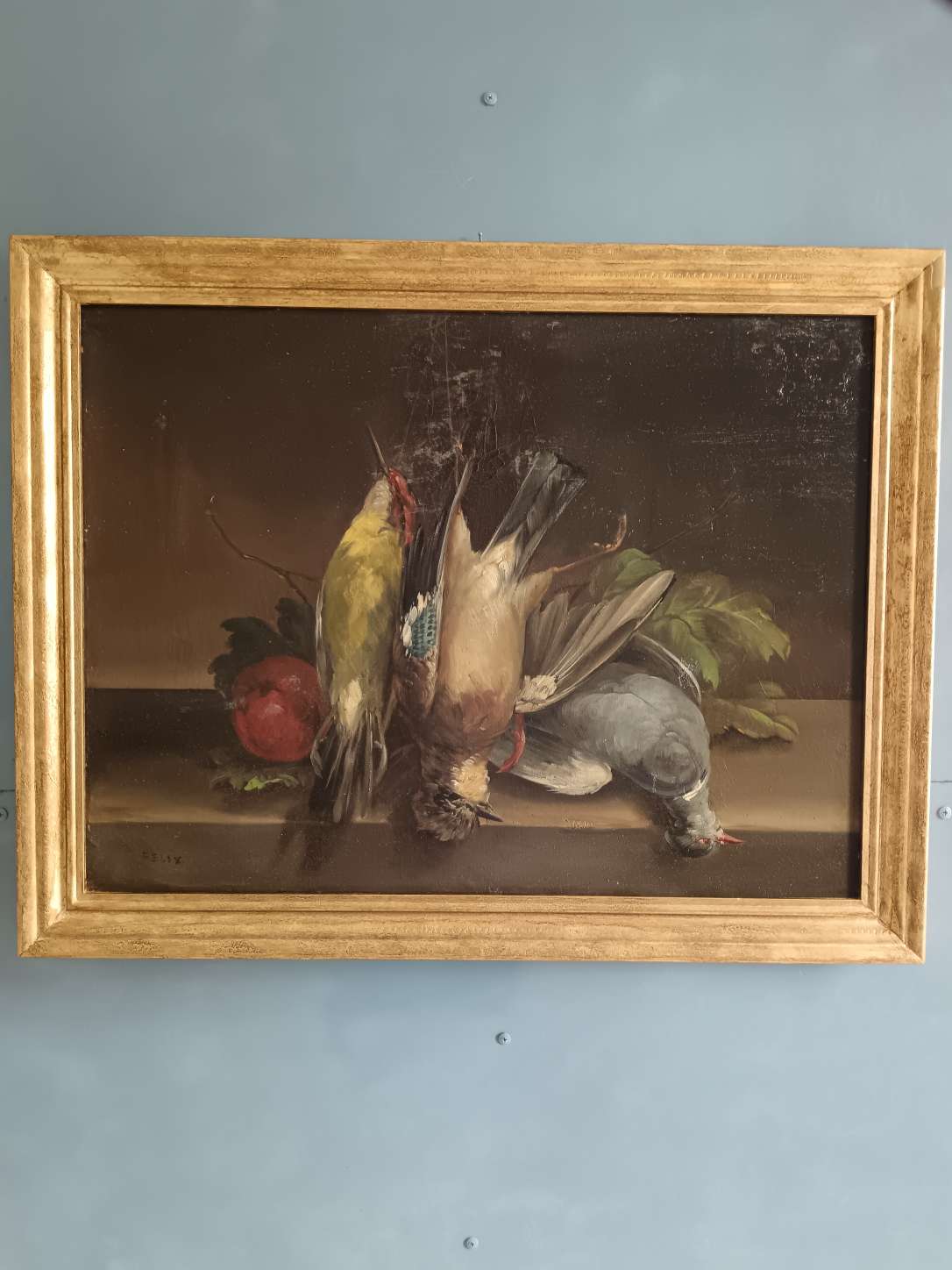 Juliette Felix XIXsec.Dipinto antico  cacciagione natura morta olio su tela '800