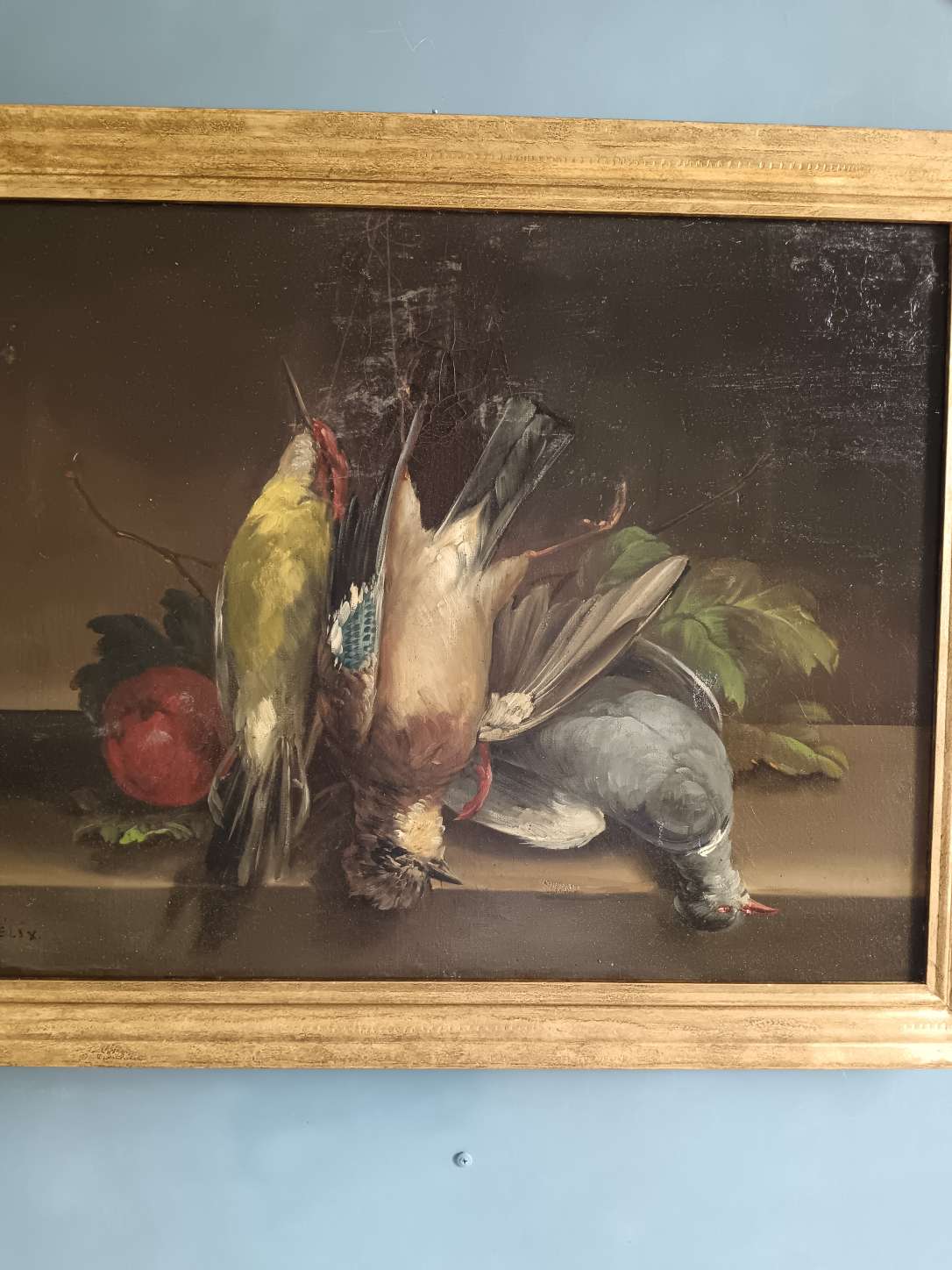 Juliette Felix XIXsec.Dipinto antico  cacciagione natura morta olio su tela '800