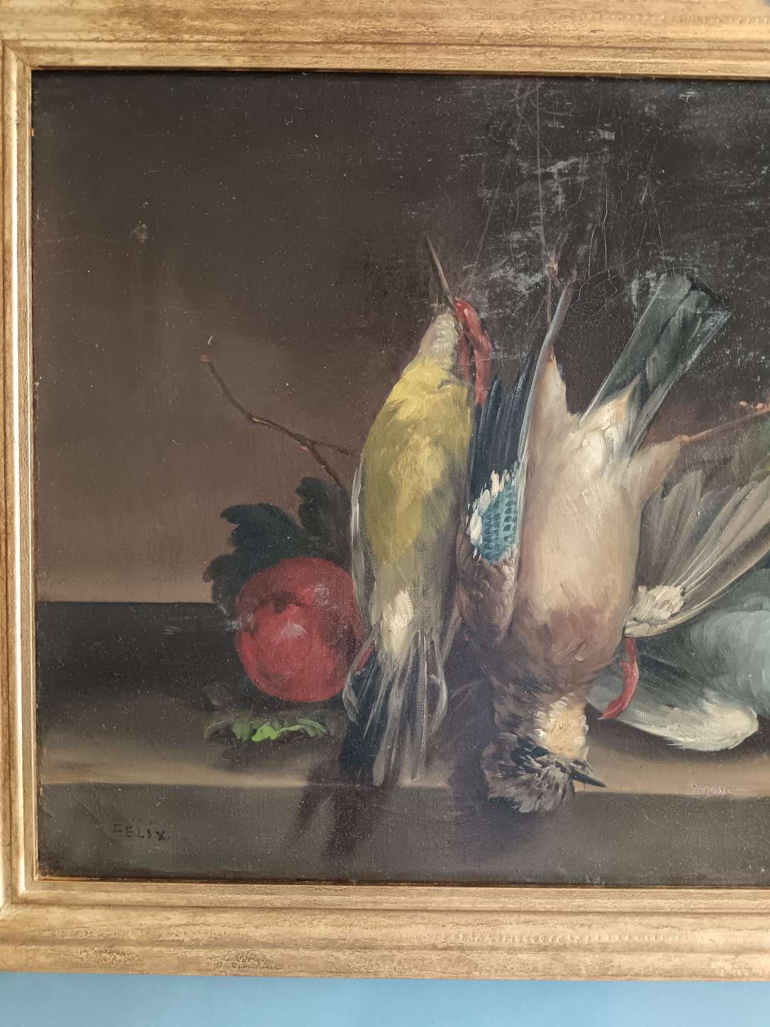 Juliette Felix XIXsec.Dipinto antico  cacciagione natura morta olio su tela '800