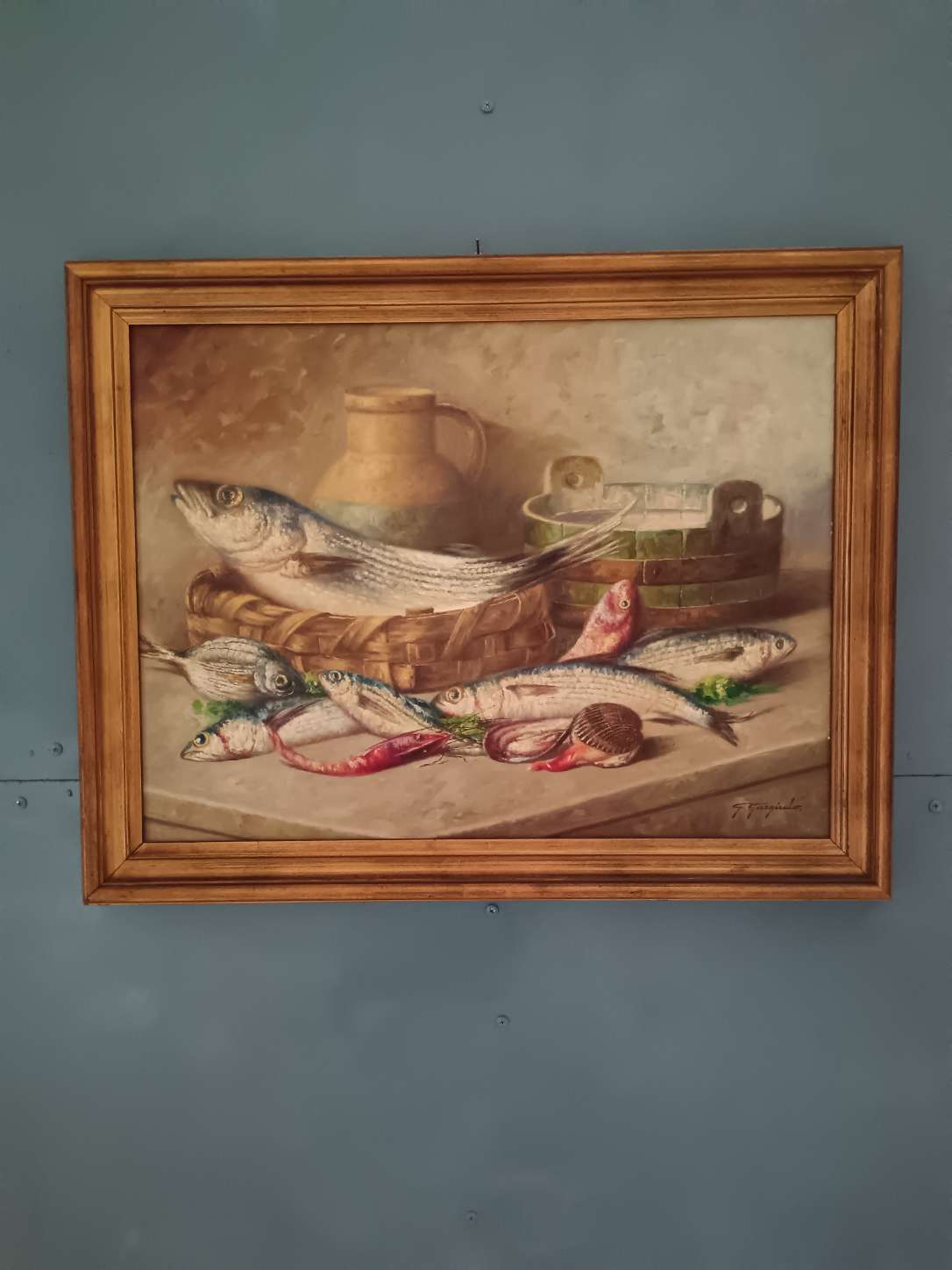 Dipinto Olio su Tela Natura Morta Pesci Giuseppe Gargiulo  Scuola Napoletana