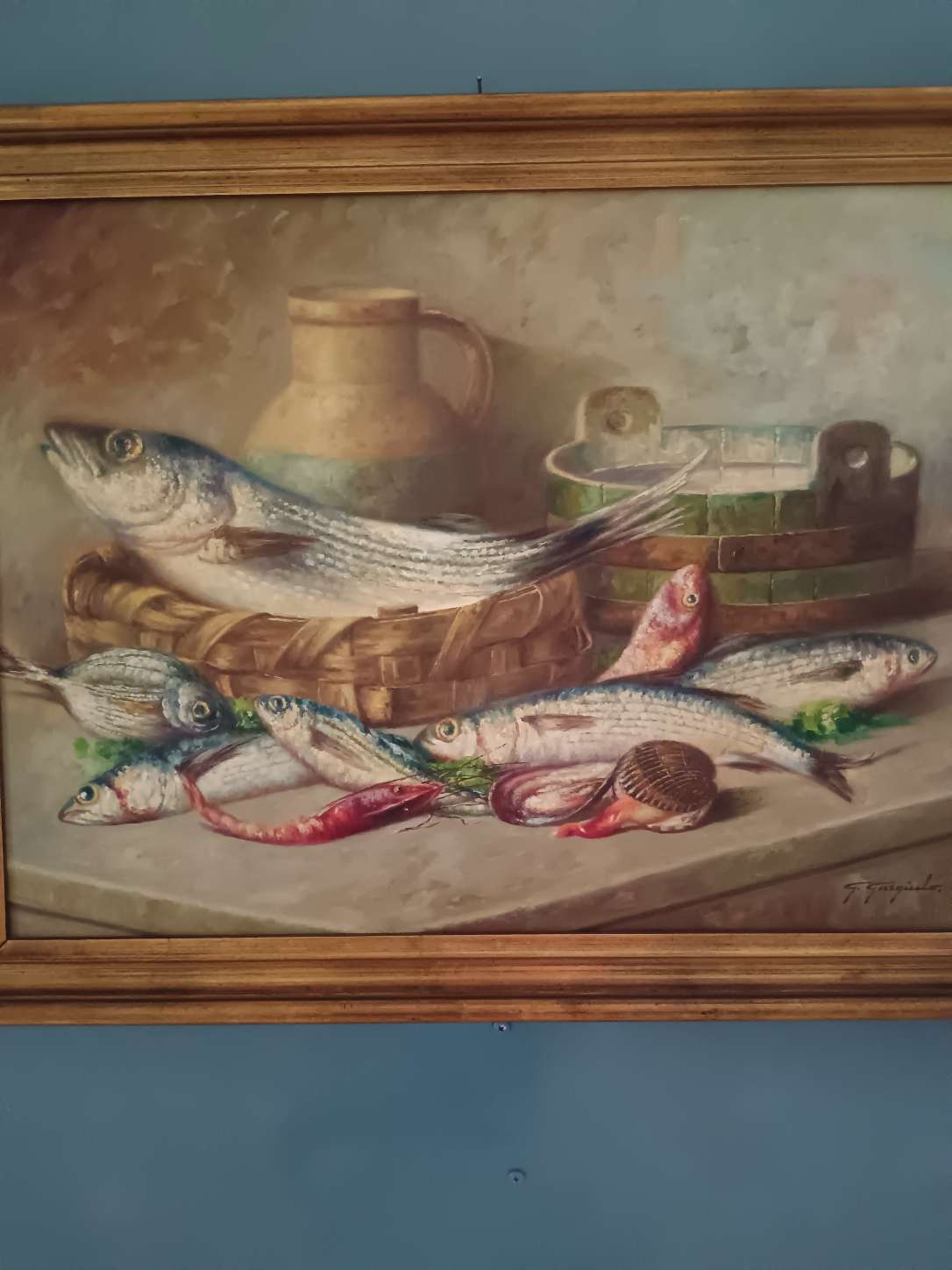 Dipinto Olio su Tela Natura Morta Pesci Giuseppe Gargiulo  Scuola Napoletana