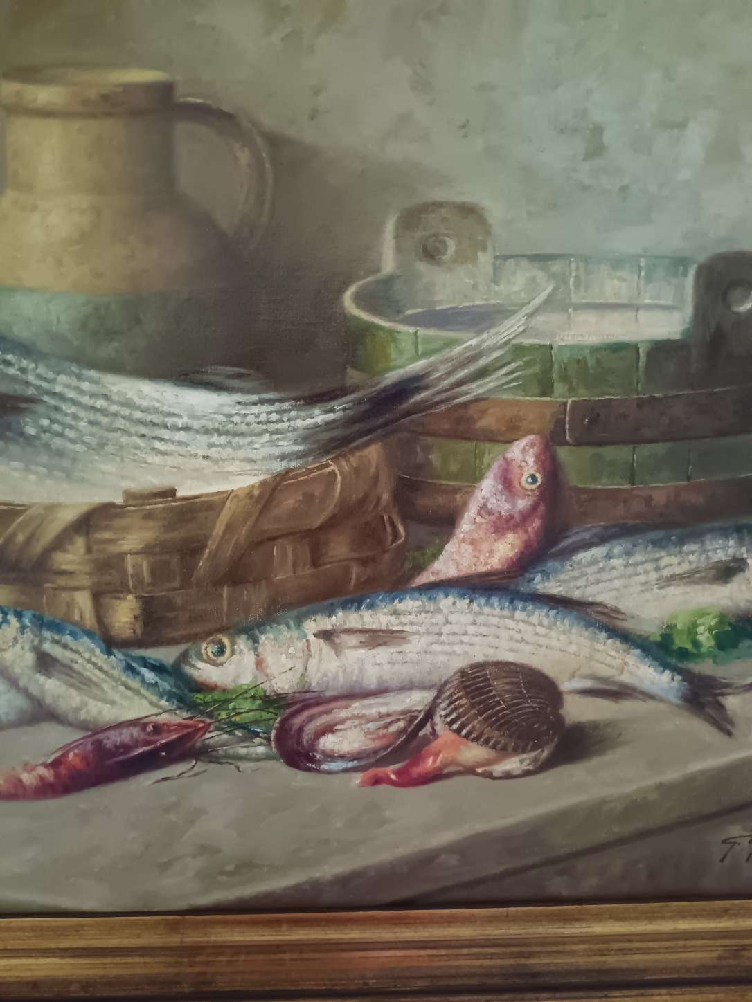 Dipinto Olio su Tela Natura Morta Pesci Giuseppe Gargiulo  Scuola Napoletana
