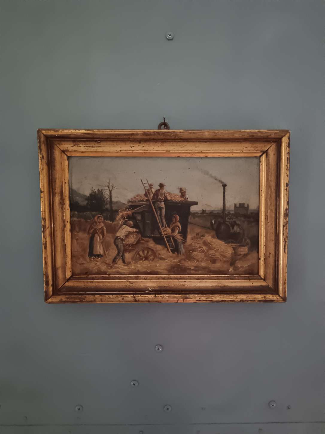 Dipinto antico Olio su tavola Scena rurale dell'Ottocento con cornice d'epoca