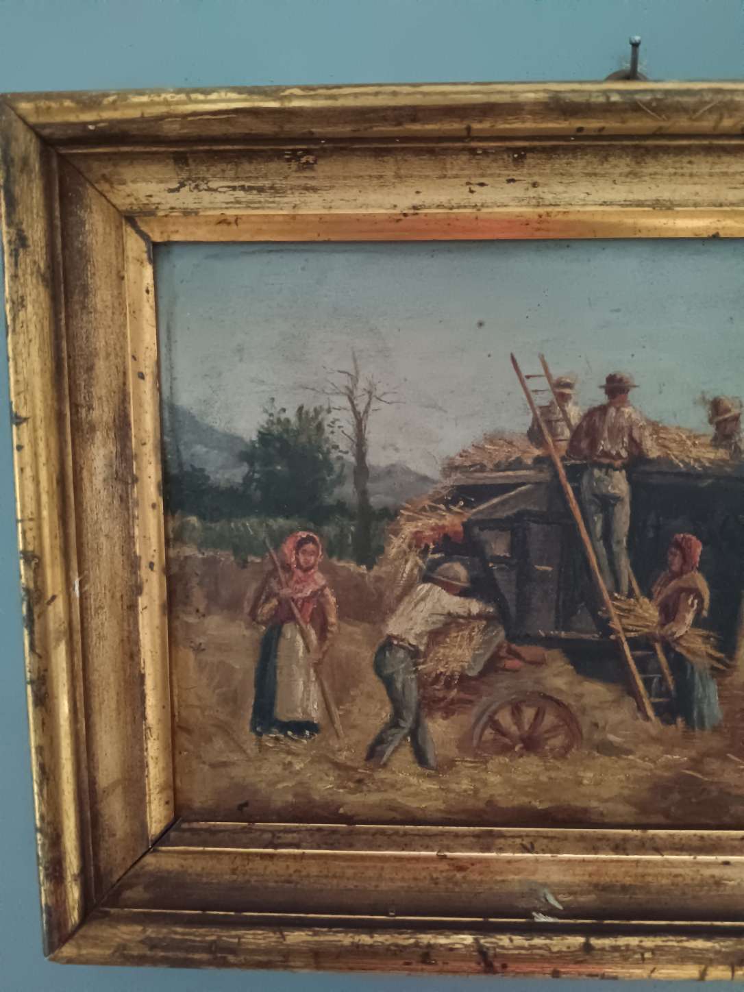 Dipinto antico Olio su tavola Scena rurale dell'Ottocento con cornice d'epoca