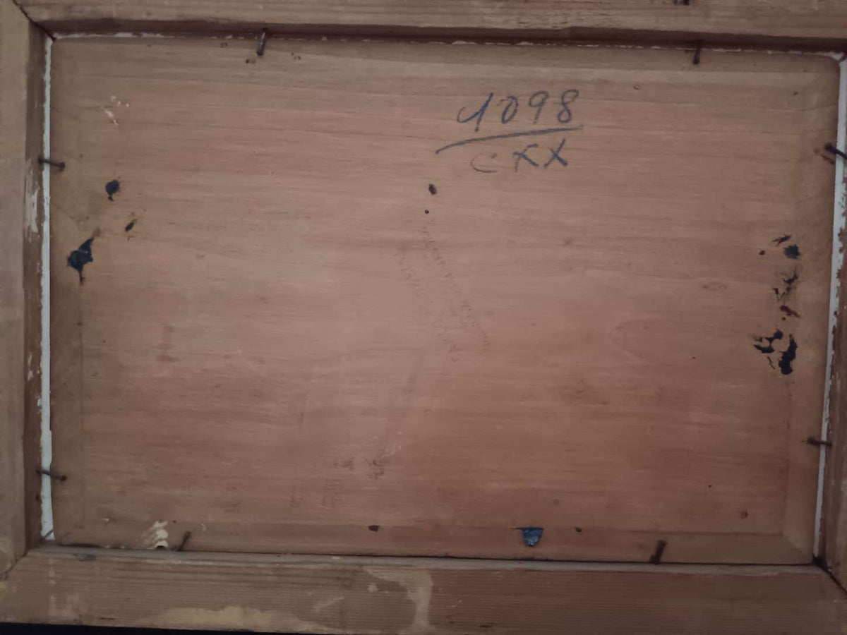 Dipinto antico Olio su tavola Scena rurale dell'Ottocento con cornice d'epoca