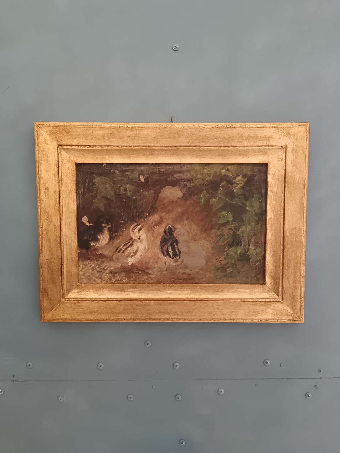 Antico dipinto olio su tela fine 800 studio bozzetto pulcini non completato